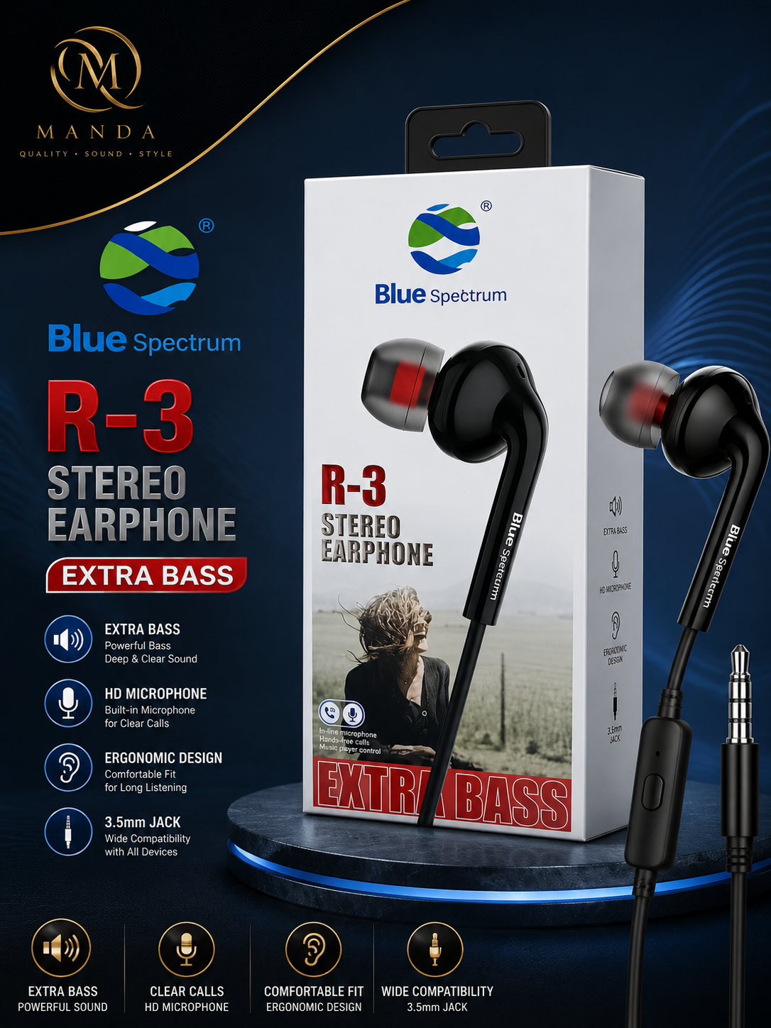 سماعة أذن ستيريو بلو سبيكروم R-3 (بصوت جهير إضافي)